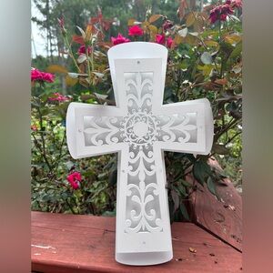 Elegant White Decorative Cross with battery operated lights